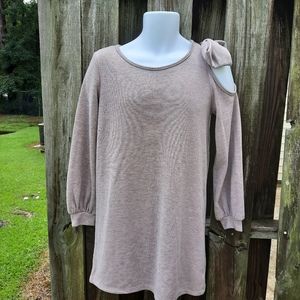 Everly Mauve Sweater Dress, Soft, Cold Shoulder with bow, Size Small Soft